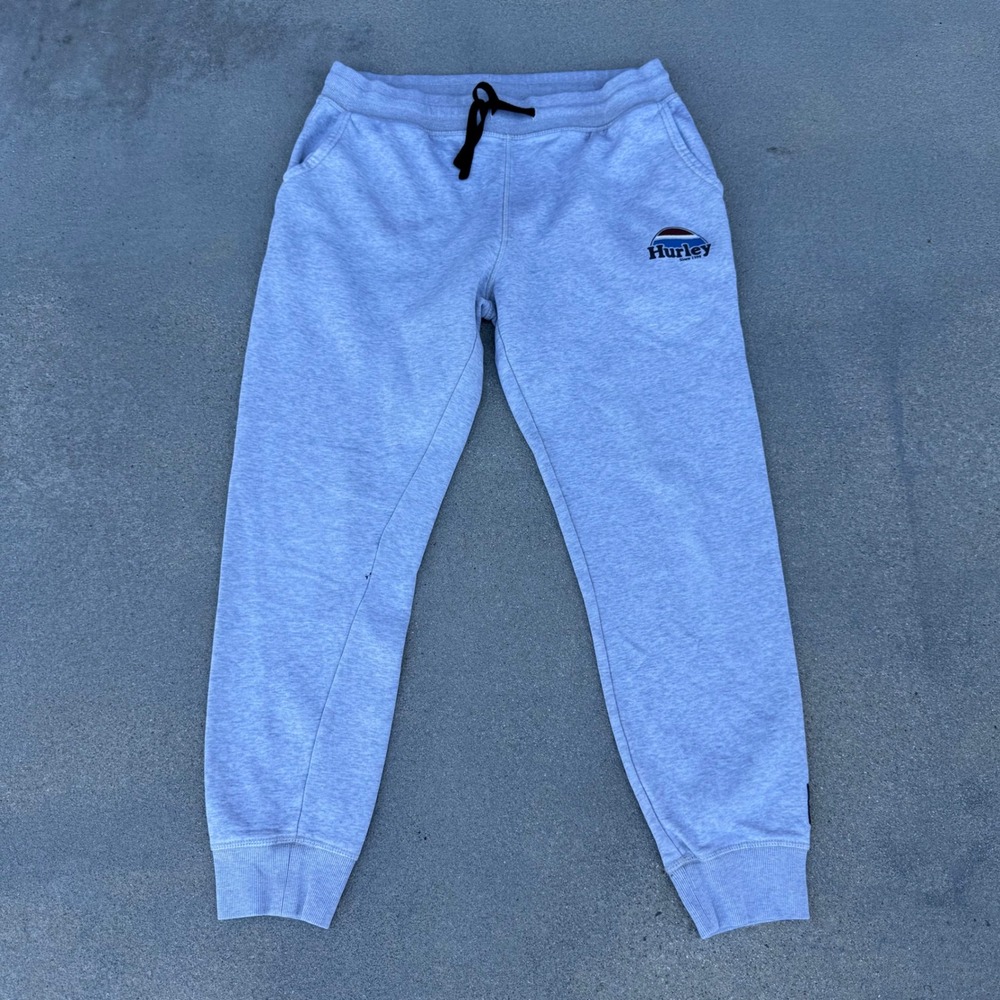 Hurley Mens Gray Fleece Jogger Sweatpants Large Logo Drawstring Lounge Pants